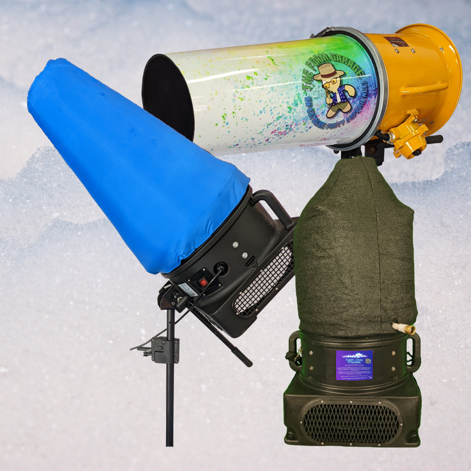 Foam Blaster machine for parties against a foamy background
